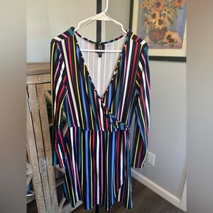 DEREK HEART LONG SLEEVE RAINBOW VERTICAL STRIPED WRAP DRESS OF MANY COLORS